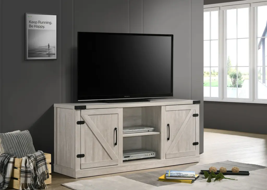 Salma 58 Inch Wide TV Stand 2 Open Shelves And 2 Cabinets Dusty Gray lilola home