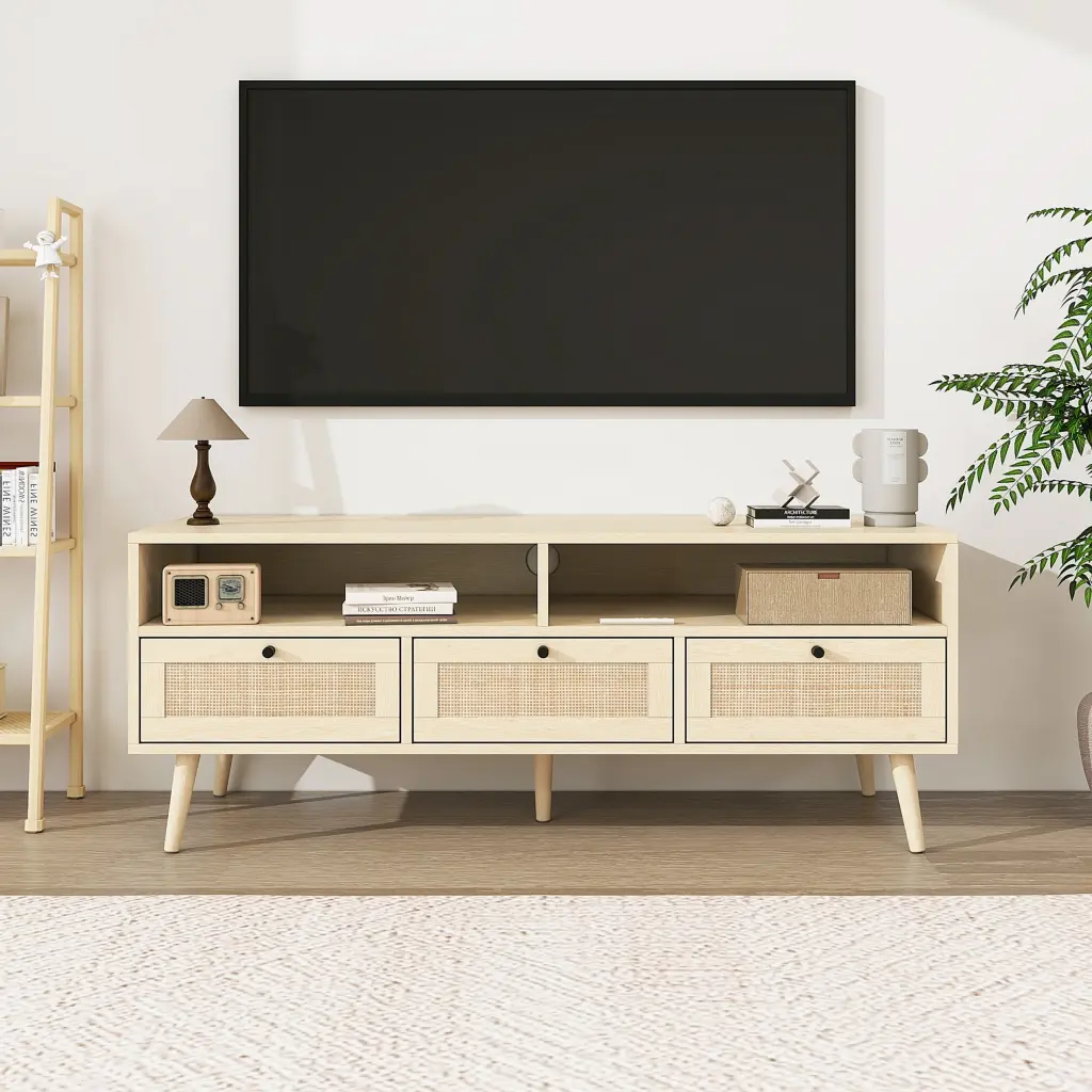 Rattan TV Stand Solid Wood Feet TV Console Table Living Room milestone homelife