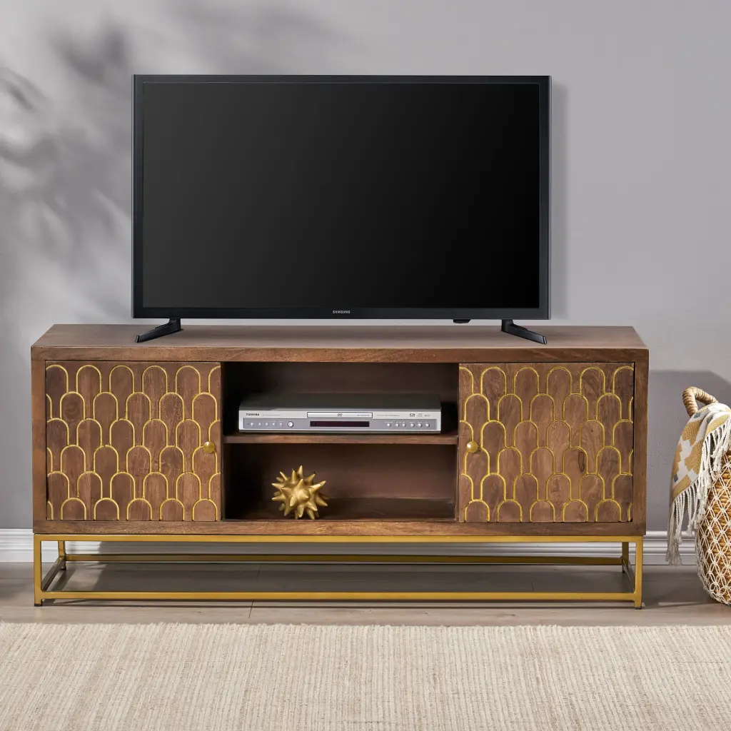 TV Stand Walnut Gold 40-49 Inches Wood Media Console Living Room nh-cloudhouse