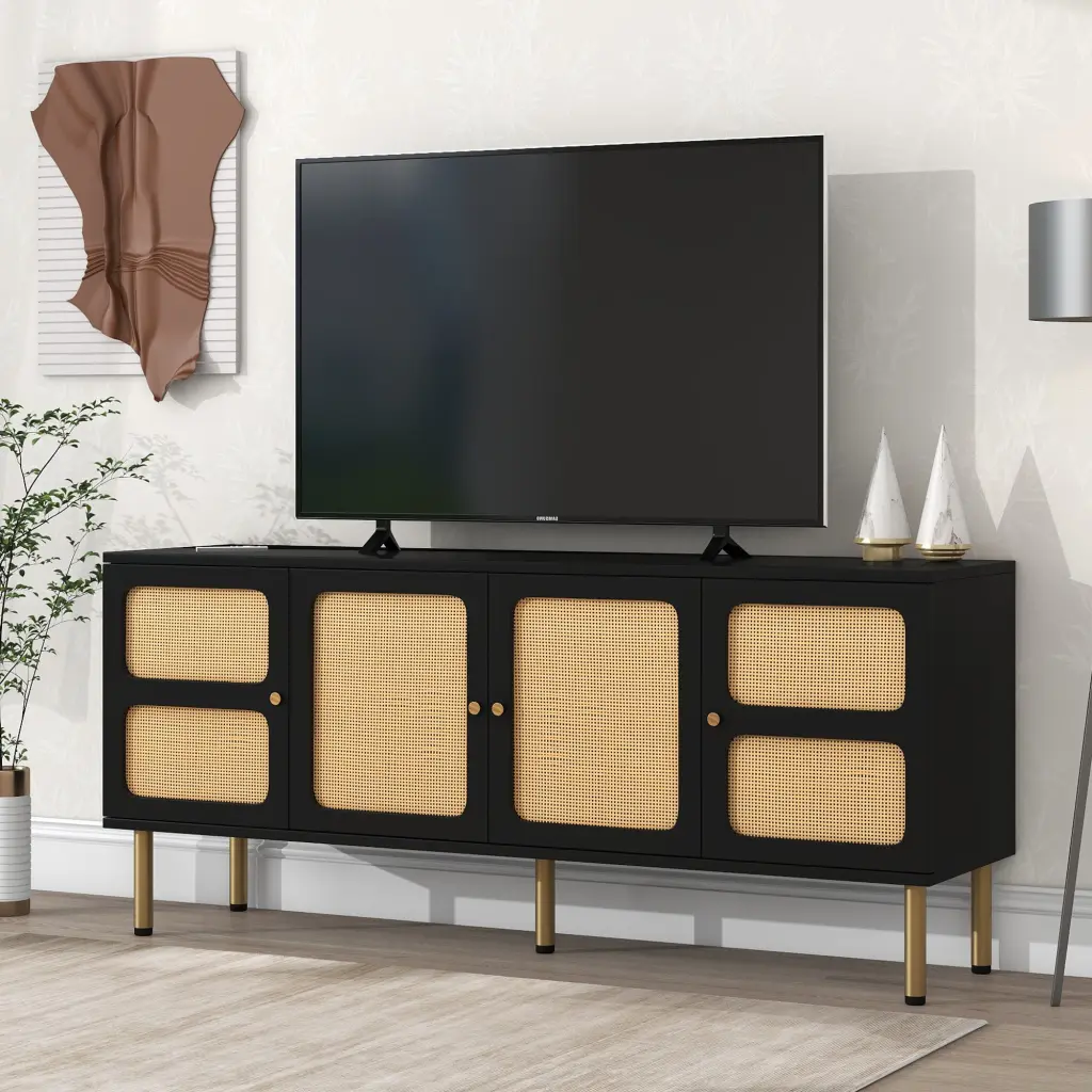 Boho Style TV Stand Rattan Door Woven Media Console Table Living Room on-trend