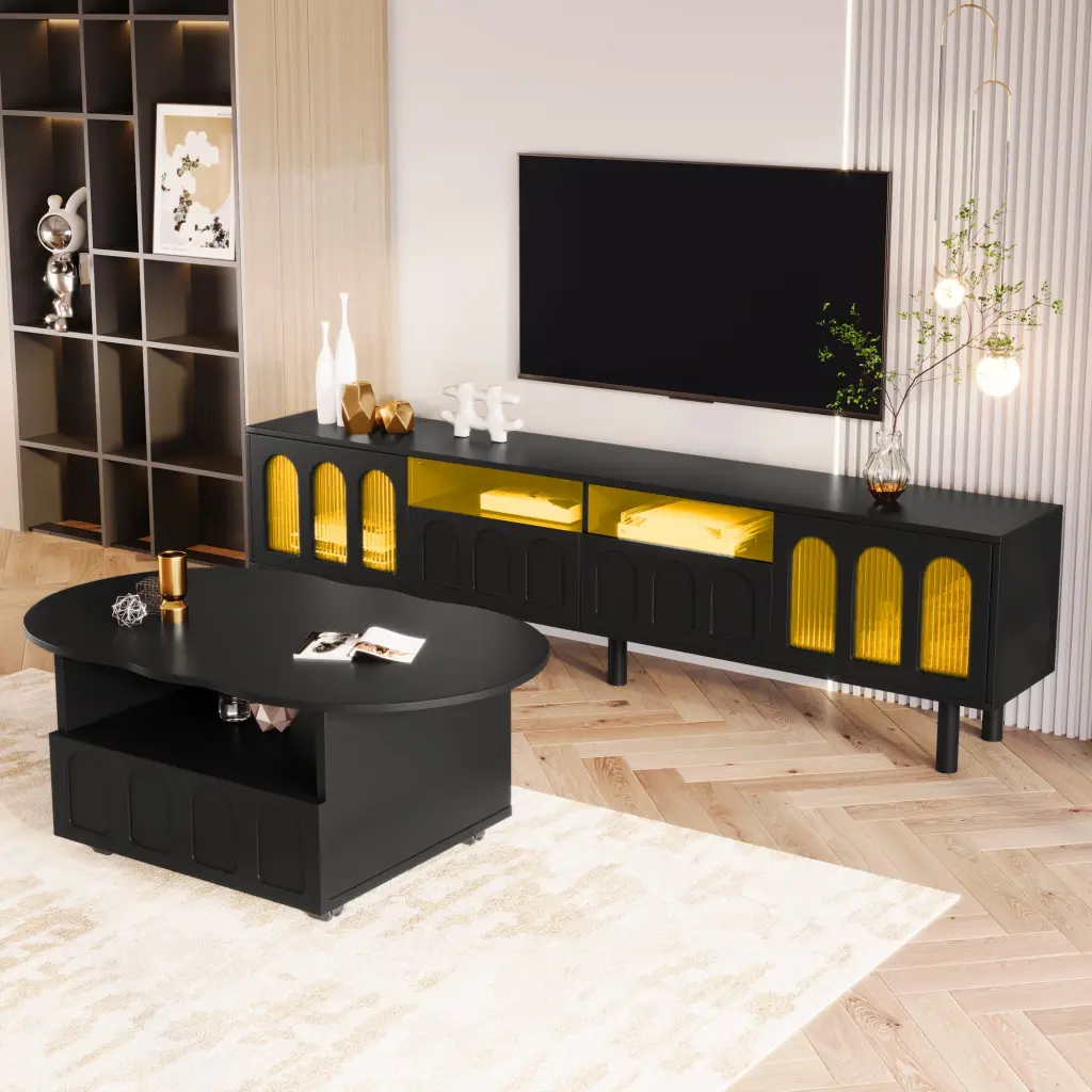 Cream Style TV Stand and Coffee Table Set 2 LED Light Strip Living Room on-trend