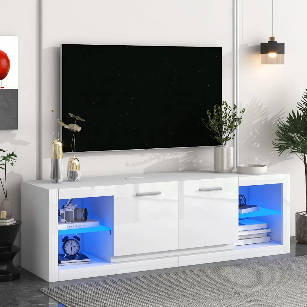 Modern TV Stand 2 Tempered Glass Shelves High Gloss Entertainment Center on-trend