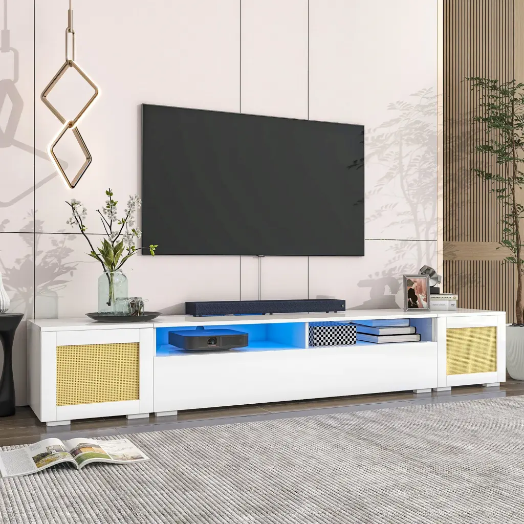 Rattan Style Entertainment Center Push To Open Doors 3 Tier Extendable on-trend