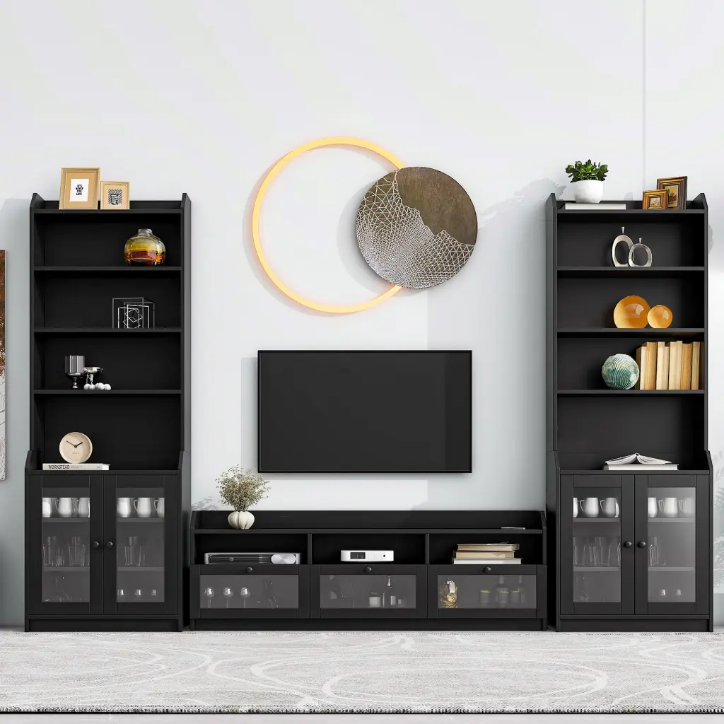 Stylish Elegant Entertainment Wall Unit Tall Cabinets Modern TV Console Stand on-trend