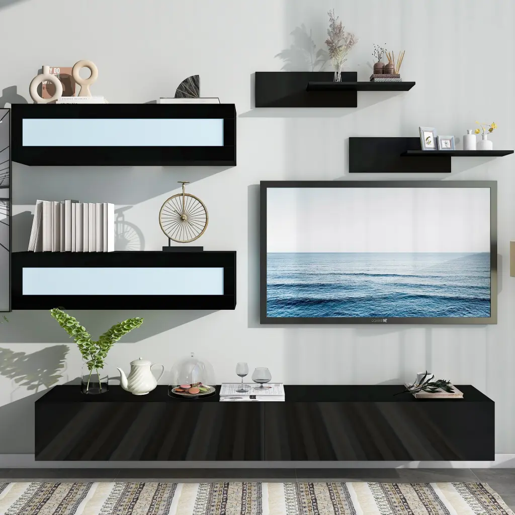 Wall Mount Floating TV Stand Four Media Storage Cabinets and Two Shelves on-trend