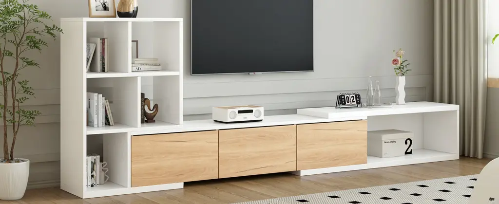 74.8 To 126 Inch Extendable TV Stand 3 Tier Bookshelves TVs Up To 65 Inches rnb
