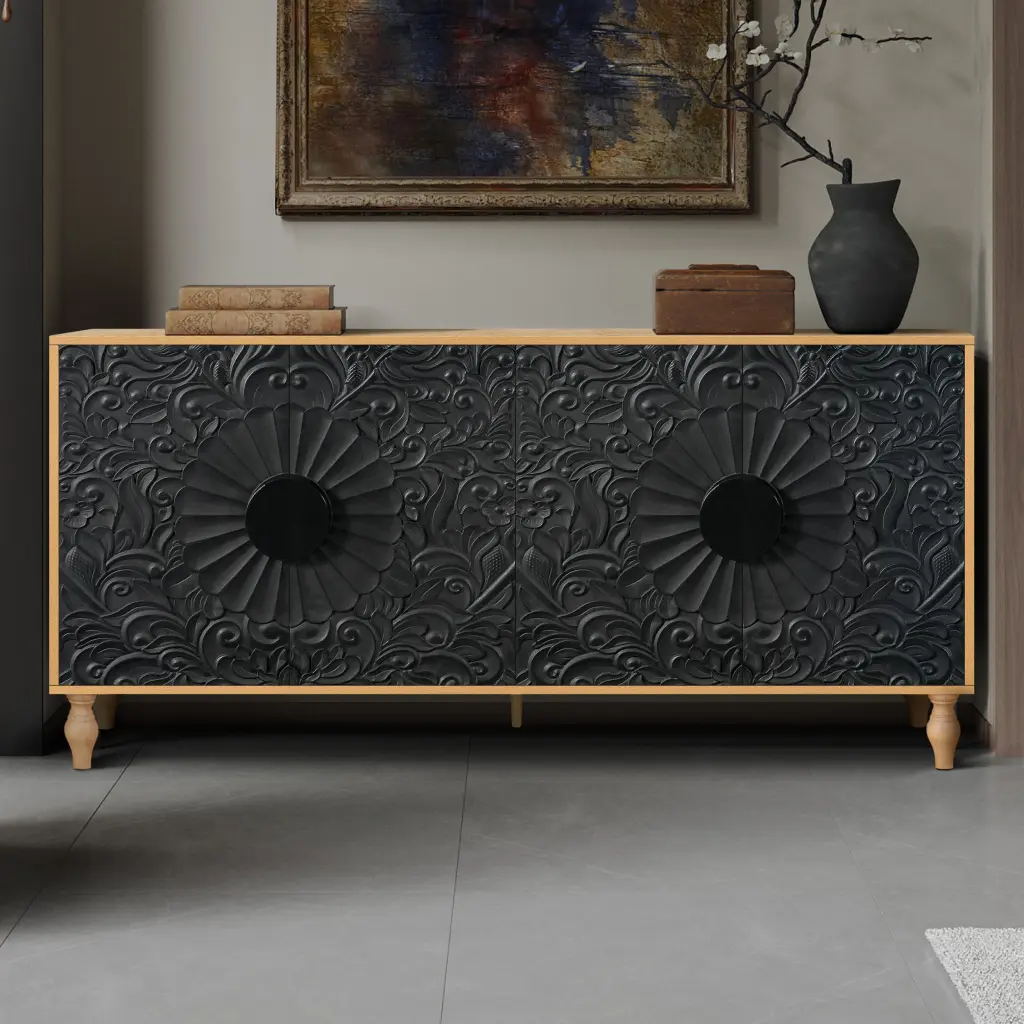 Black Carved Symmetrical Design Door and Wood Colored Frame TV Stand rnb