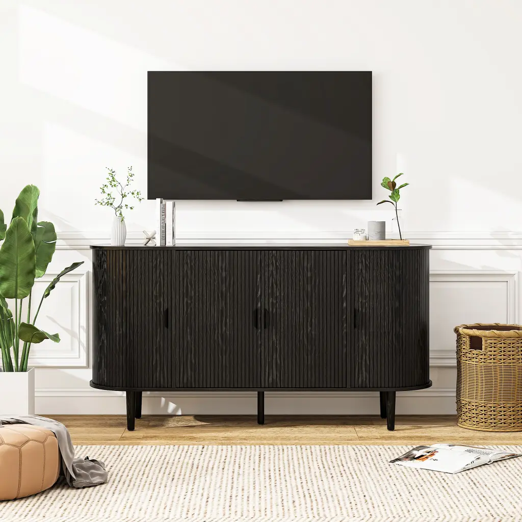 4 Door Storage Cabinet Fluted Entertainment Center Accent Cabinet Adjustable Shelves Modern Living Room Furniture rnb