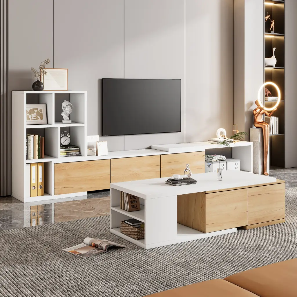 Extendable TV Stand And Coffee Table Set 2 Media Console 3 Tier Shelves rnb
