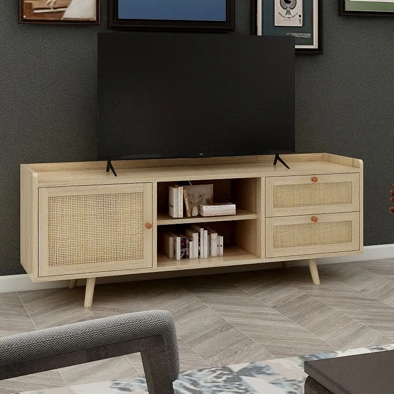 Mid Century TV Stand Rattan Doors Spacious Cabinets rnb