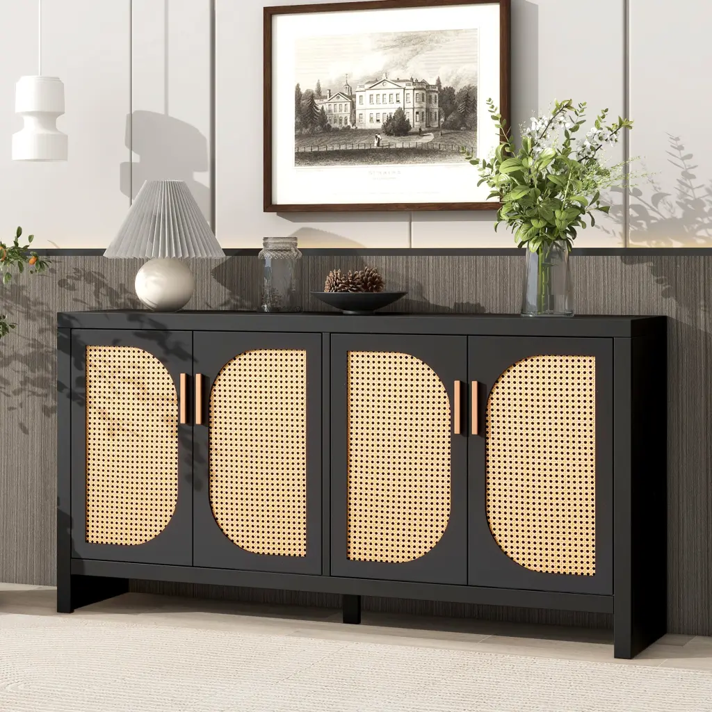 Modern TV Stand 65 Inch TV Rattan Doors and Adjustable Shelves Living Room rnb
