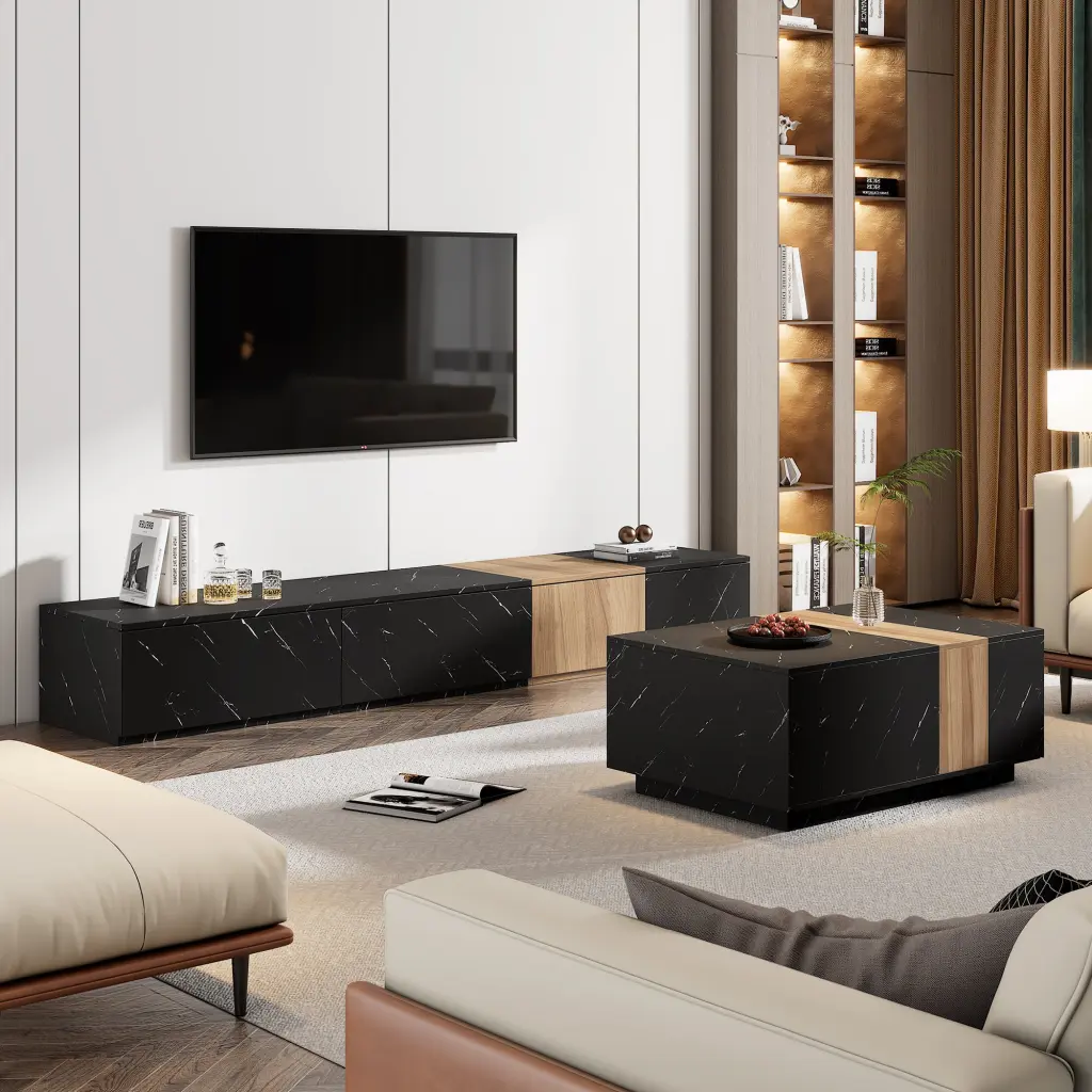 TV Stand and Coffee Table Faux Marble Walnut Wood Grain Finish rnb