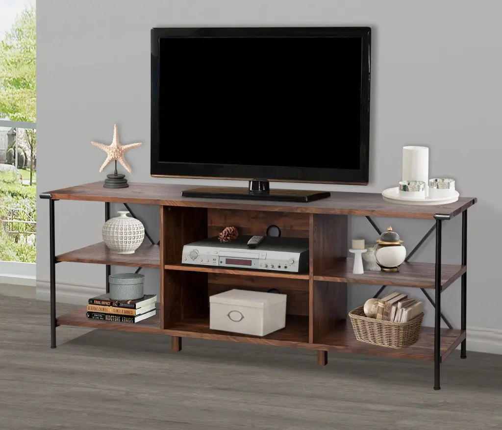 65 Inch TV Stand Open Design Walnut TV Stand Cable Management And Adjustable Shelves singularity