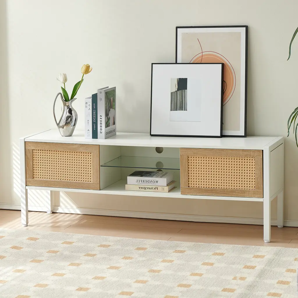 54.33 Inch Rattan TV Cabinet Color Light Strip Double Sliding Doors sya furniture