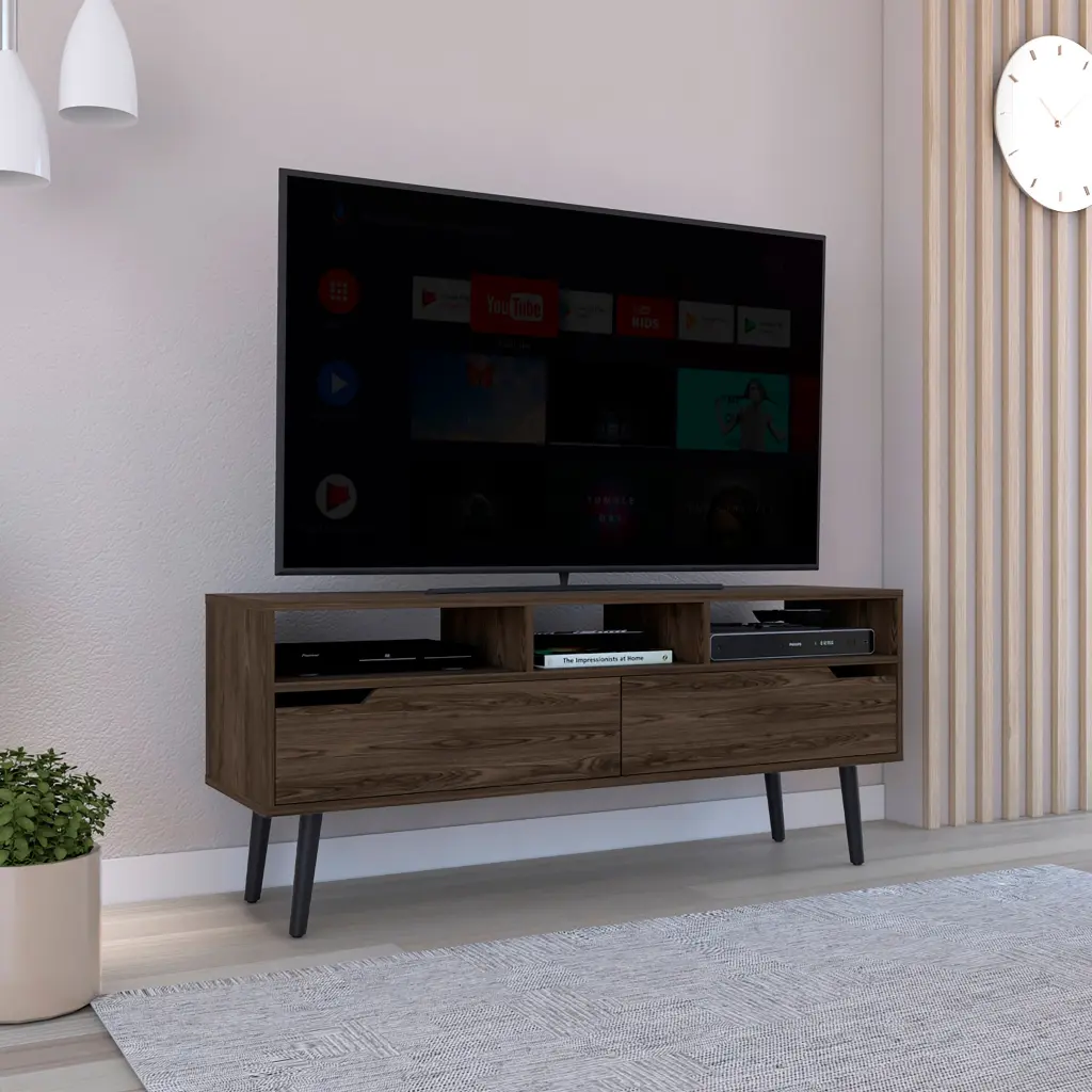 TV Stand TVs Up To 52 Inches Bull Three Open Shelves Two Flexible Drawers treevol furniture