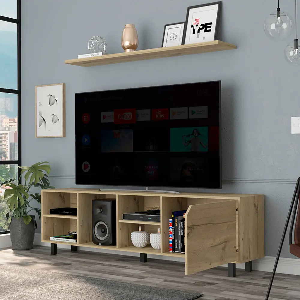 TV Stand TVs Up To 70 Inches Estocolmo Light Oak Finish Open Shelves treevol furniture