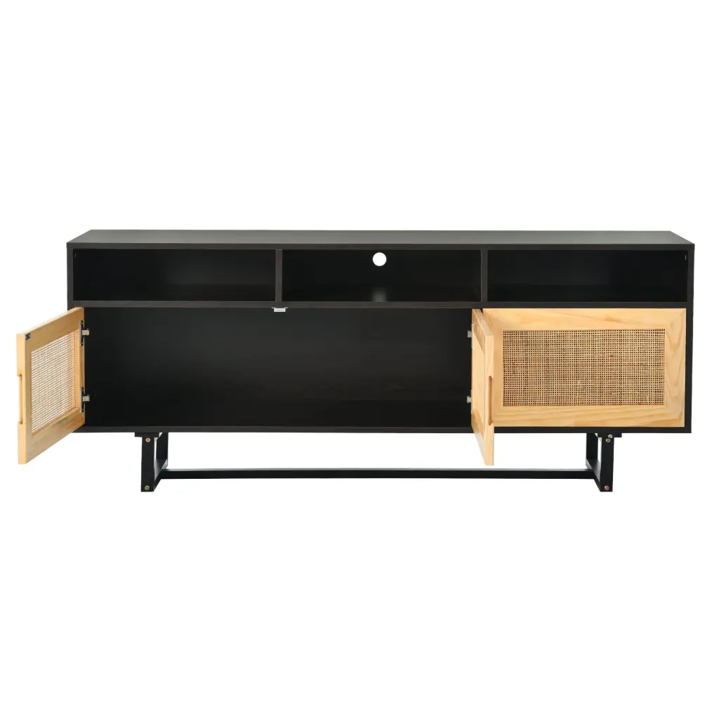 Retro Rattan Console Table 3 Door TV Stand Media Console Open Shelves trexm