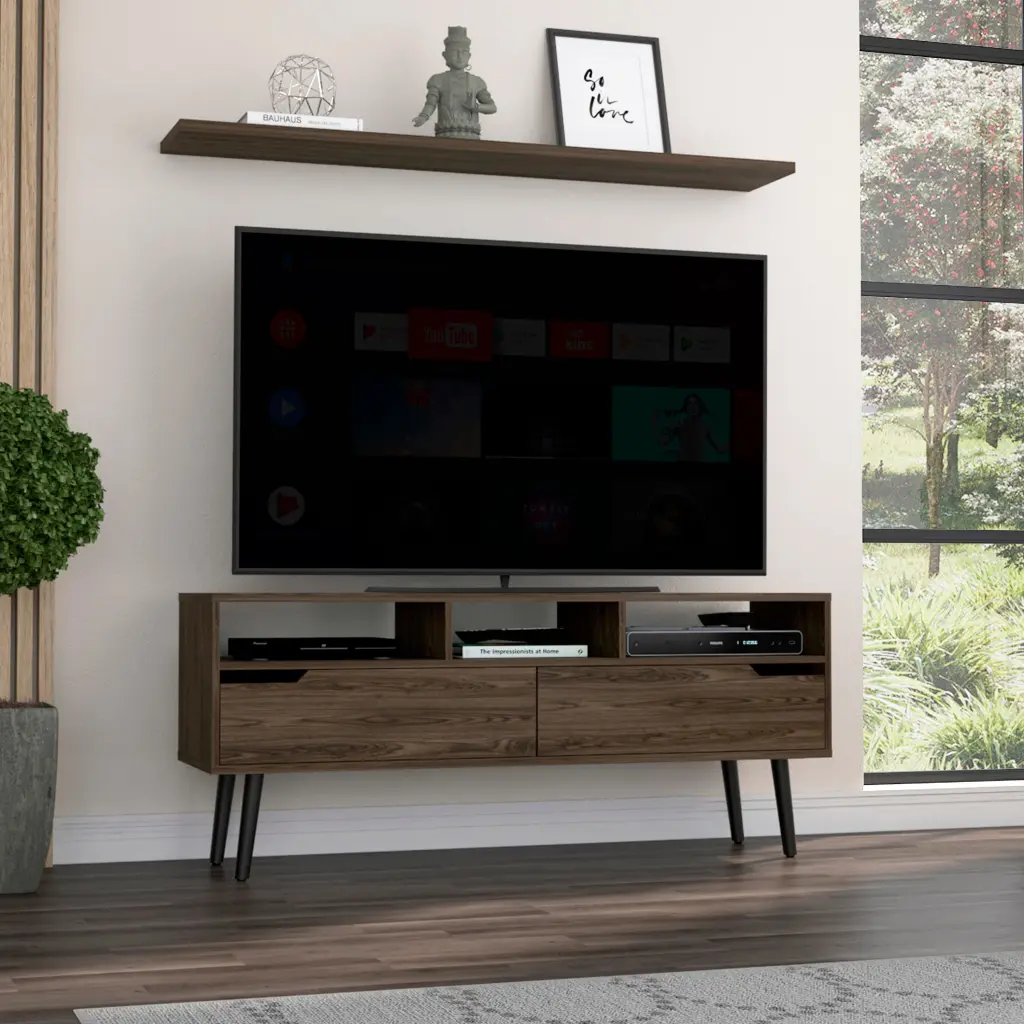 Oslo TV Stand TVs Up To 51 Inches Two Drawers Four Legs Three Open Shelves tuhome