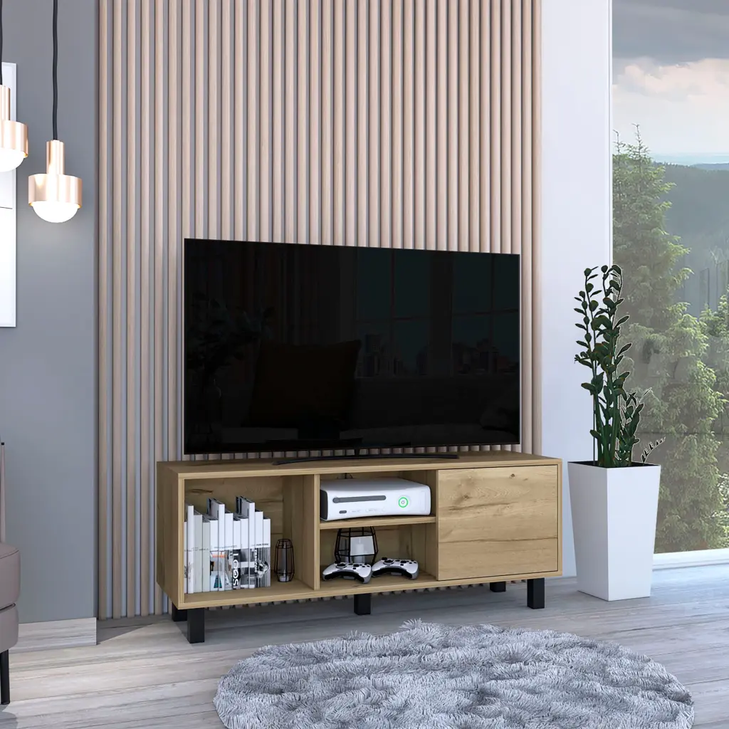 Tunez TV Stand TVs up to 43 Inches 3 Open Shelves 1 Cabinet Light Oak Entertainment Center tuhome