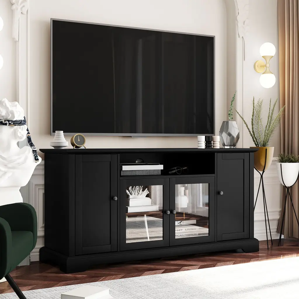TV Stand TVs Up to 65 Inch 2 Tempered Glass Doors Adjustable Shelves u-can