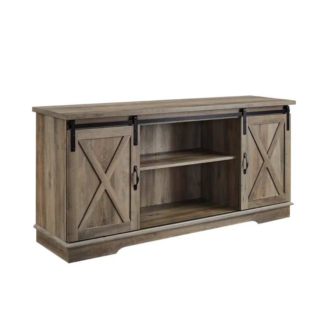 Farmhouse Sliding X Barn Door 58 Inch TV Stand 65 Inch TVs Grey Wash walker edison