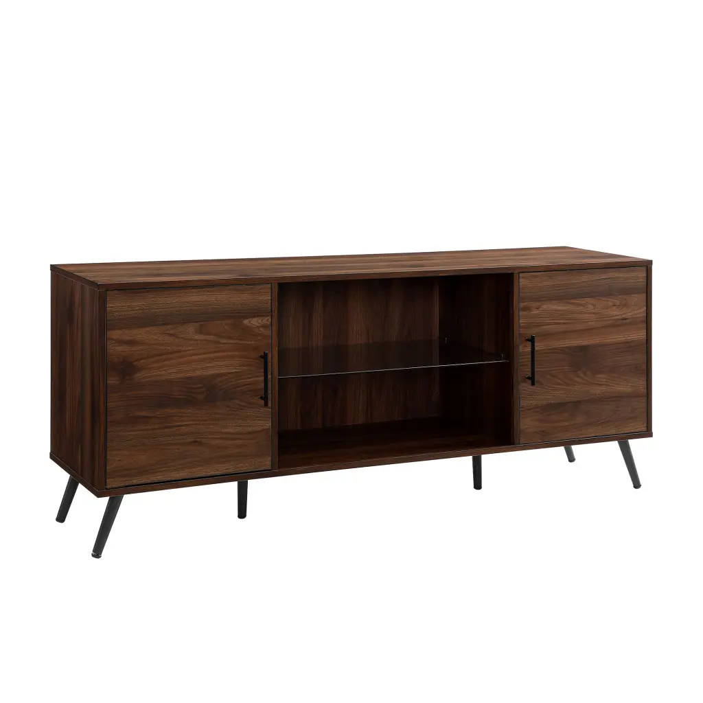 Mid Century Modern 2 Door 60 Inch TV Stand 65 Inch TVs Glass Shelf Dark Wood walker edison