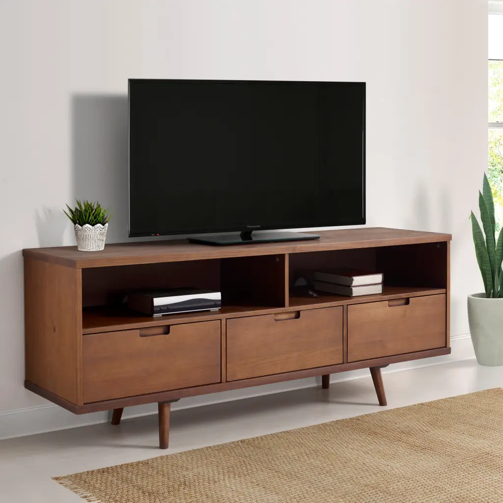Mid Century Modern Solid Wood 3 Drawer 58 Inch TV Stand 65 Inch TVs walker edison