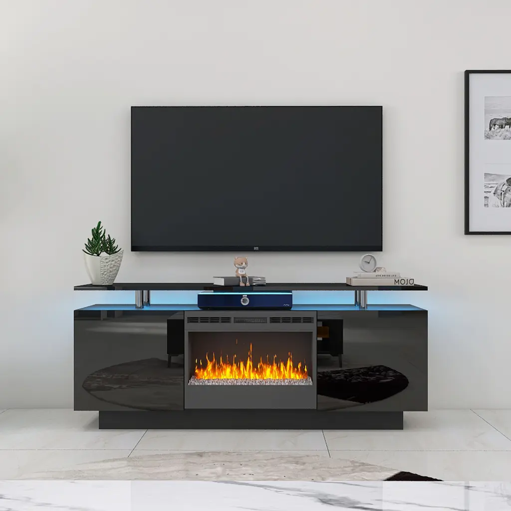 Black 160cm Large TV Cabinet Fireplace and Color Changing Heater zr furniture