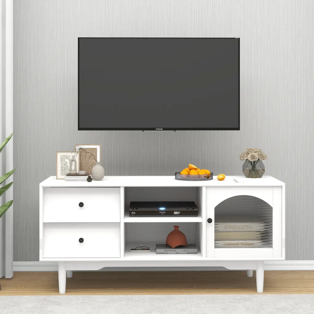 Living Room White TV Stand Drawers Open Shelves And Cabinet cl worthy houseware co.-ltd.