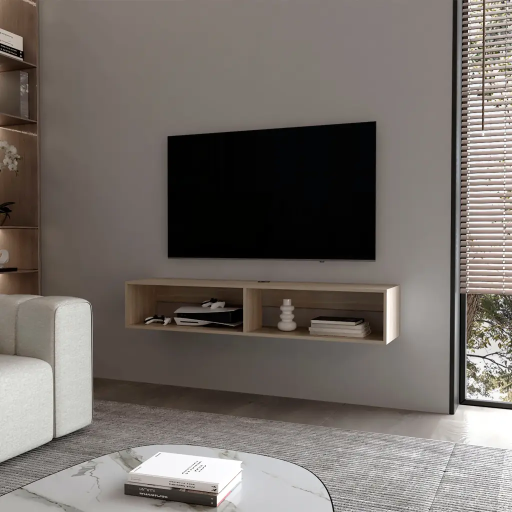 Central Floating Media Rack Melamine Two Shelves White Oak Finish fm furniture