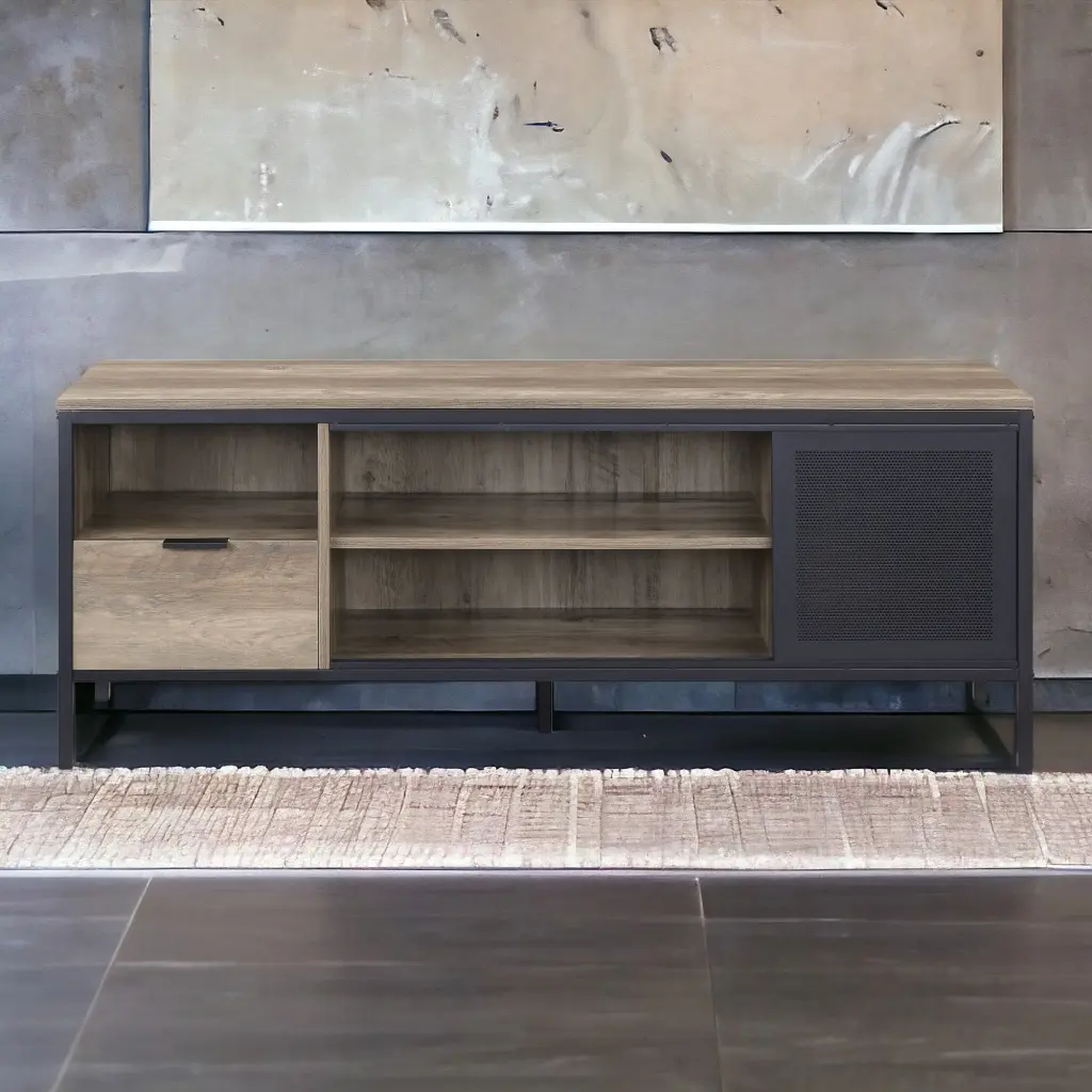 Rustic Oak and Black TV Stand 1 Drawer 50 Inch Entertainment Center furniture max
