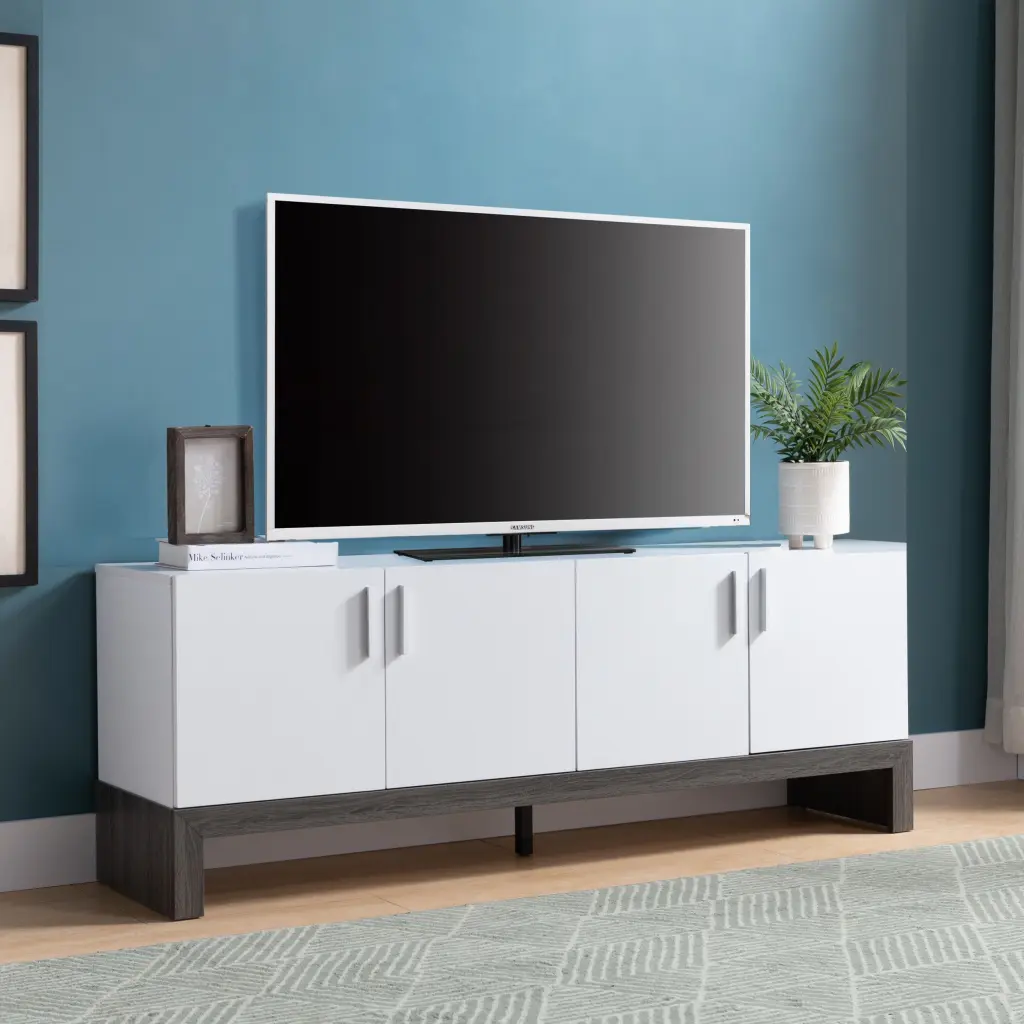 Side Credenza 4 Doors Storage Cabinets 60 Inch TV Stand White Modern Media Console id international- inc.