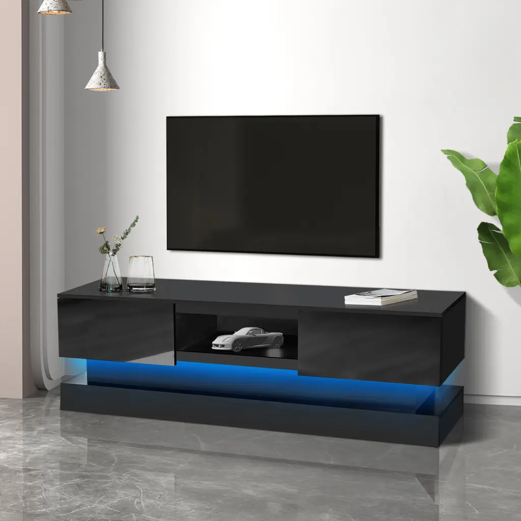 51.18 Inch Black Modern TV Stand LED Lights High Glossy Front TV Console jxy furniture