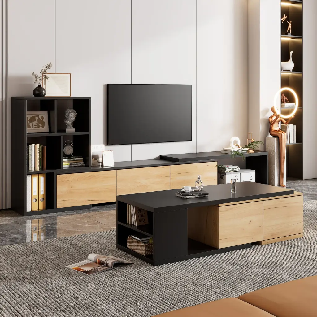 Extendable TV Stand And Coffee Table Set 2 Media Console 3 Tier Storage rnb