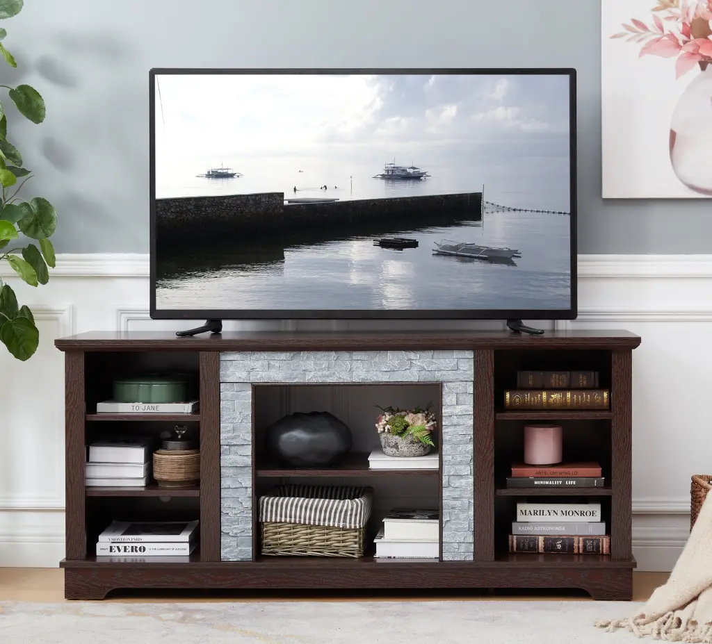 TV Media Stand Faux Stacked Stone Surround Modern Entertainment Center rnb
