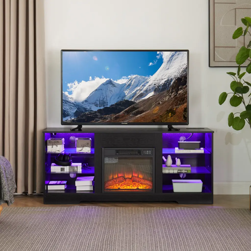 TV Stand Electric Fireplace and Glass Shelves 3D Fireplace Effect rnb