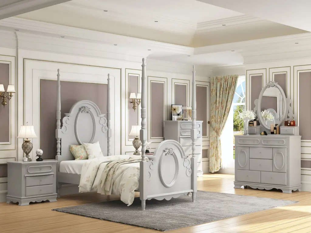 Flora Twin Bed Poster Gray Finish Wood acme onsite store