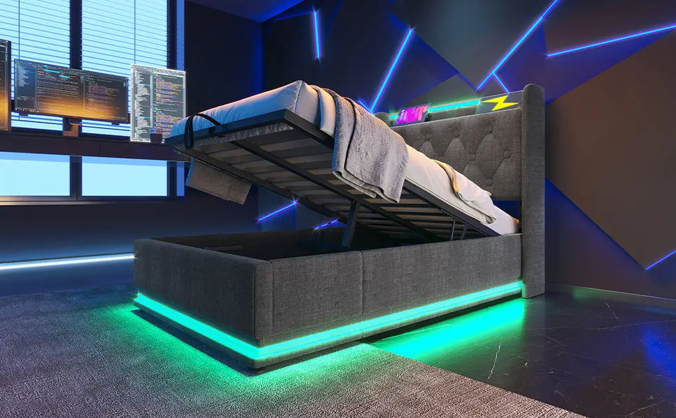 Twin Size Upholstered Bed 360 Surround LED Function Buttons Apps Remote Control Modern Bed Frame artistry at home