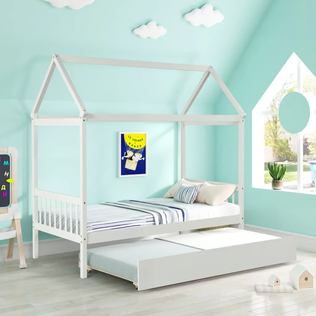 Solid Wood Twin Houtilize Bed Frame Twin Size Trundle White Color Bedroom fangxing