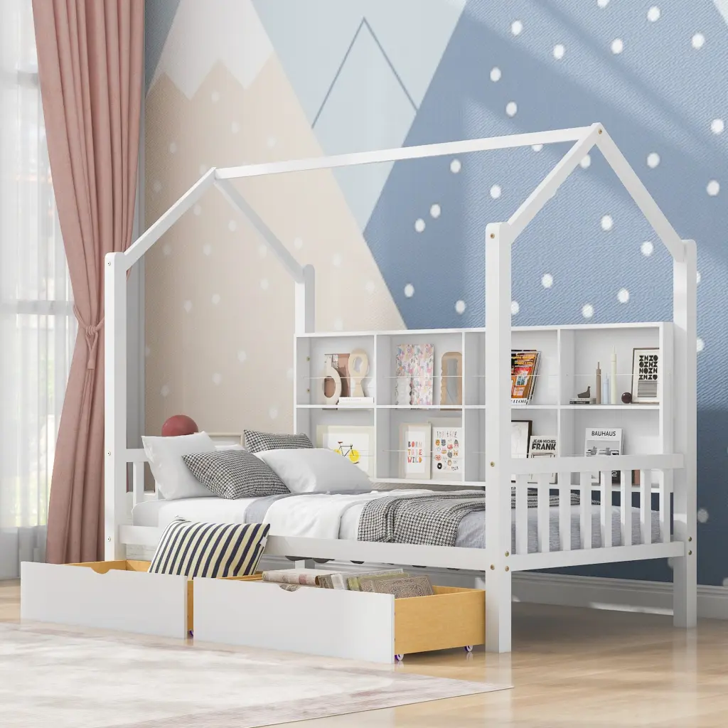 Wooden Twin Size Houtilize Bed 2 Drawers and Storage Shelf - Kids Bed Built- Storage homey life