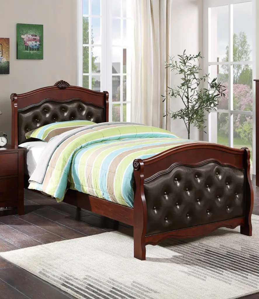 Dark Cherry Twin Size Bed Youth Bedroom Furniture Espresso Faux Leather Headboard kanepe