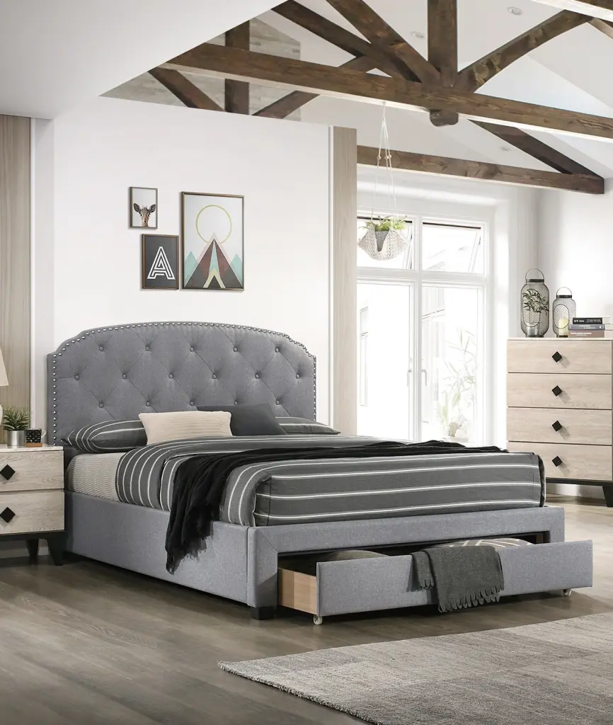 Light Grey Burlap Fabric 1Pc Twin Size Bed Drawer Button Tufted Headboard kanepe