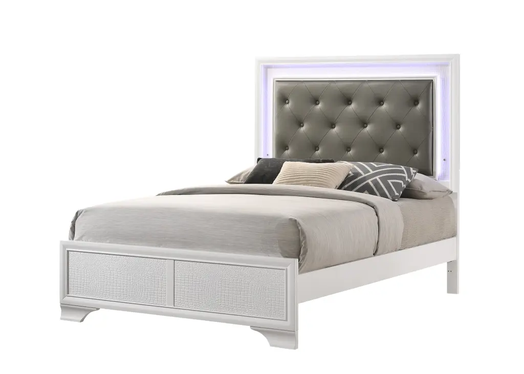 Modern White Crocodile Skin Finish Upholstered Twin Size Youth LED Bed kanepe