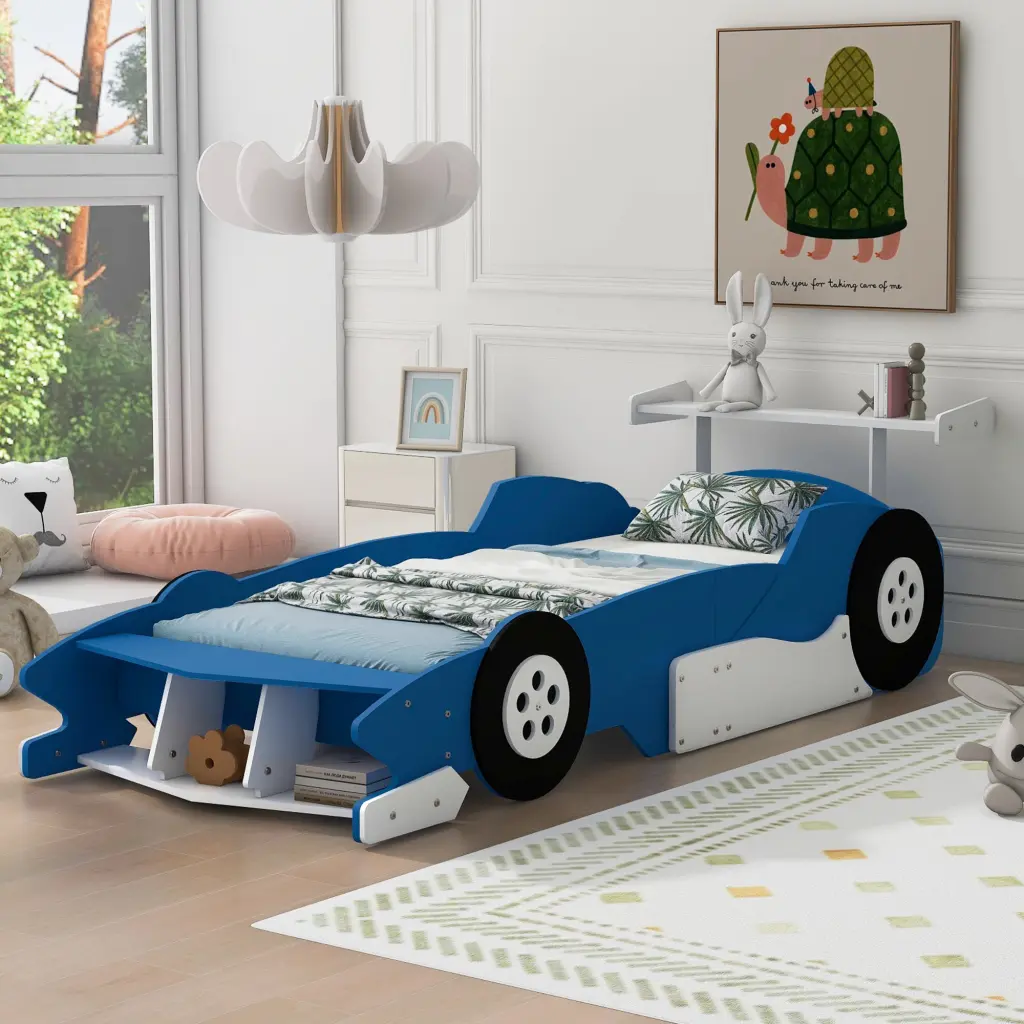 Twin Size Race Car Influenced Platform Bed Wheels Blue Blue Plywood Kids Bedroom Furniture lucky furniture