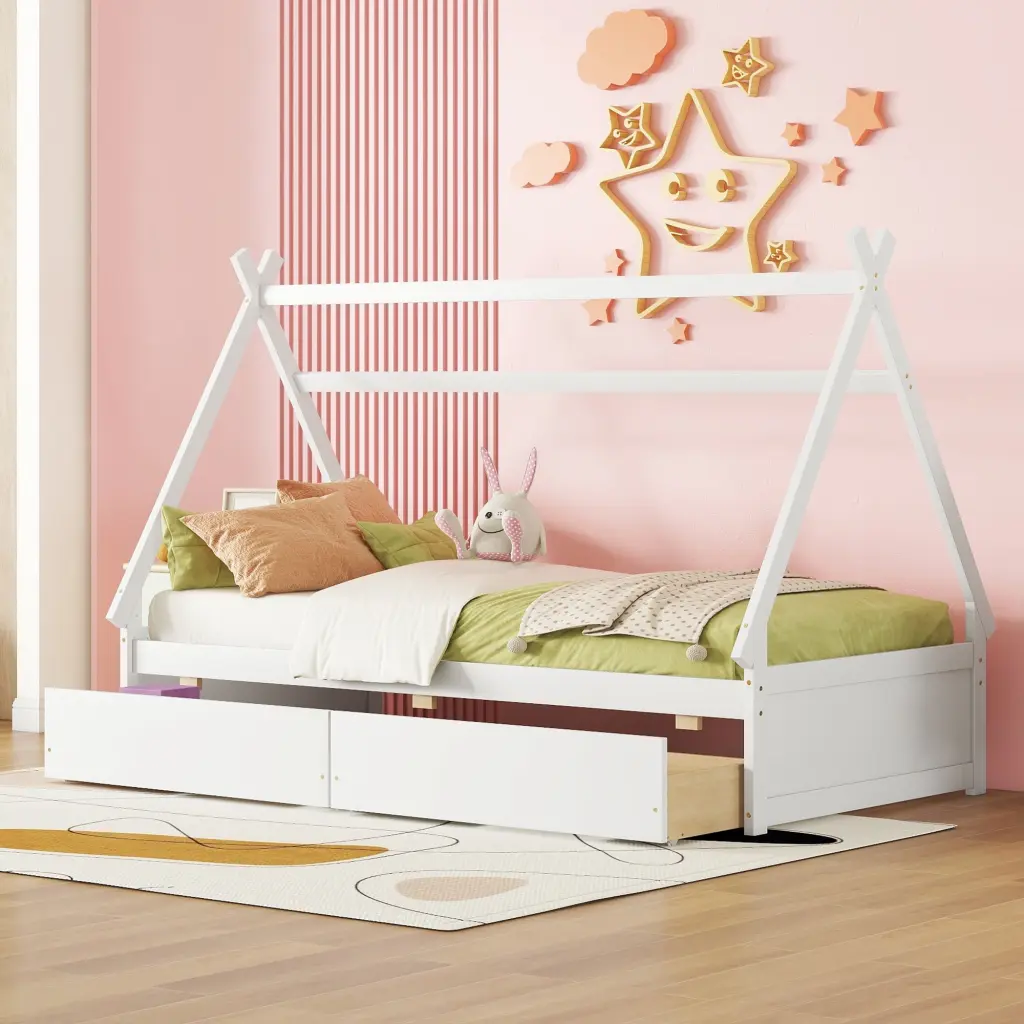 Twin Size Houtilize Platform Bed Two Drawers Headboard Footboard wm store