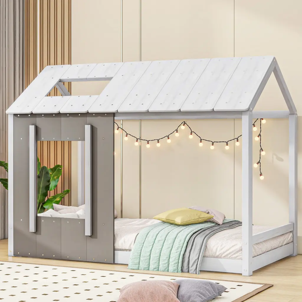 Twin Size Houtilize Platform Roof and Window White Antique Grey Old Style Bed wm store