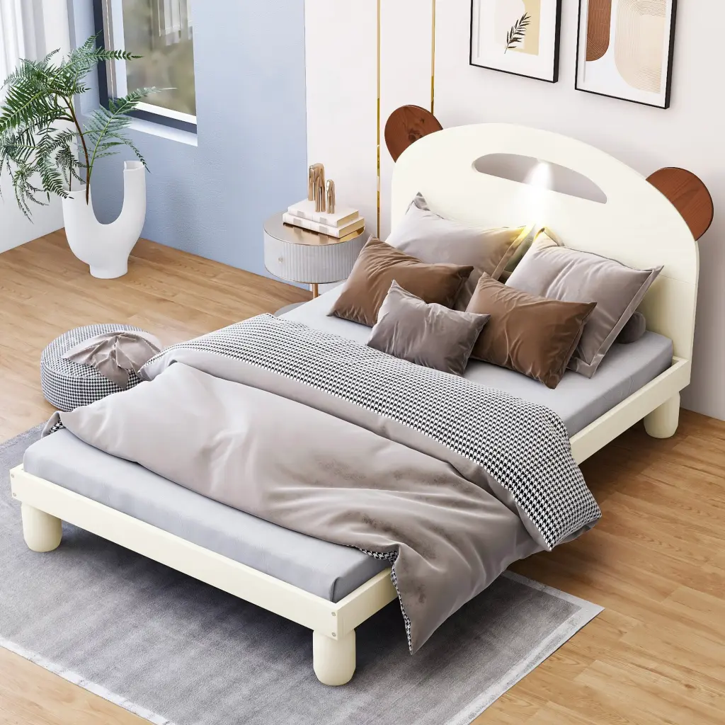 Twin Size Platform Bed Bear Ears Headboard and LED Lights Cream Finish wm store