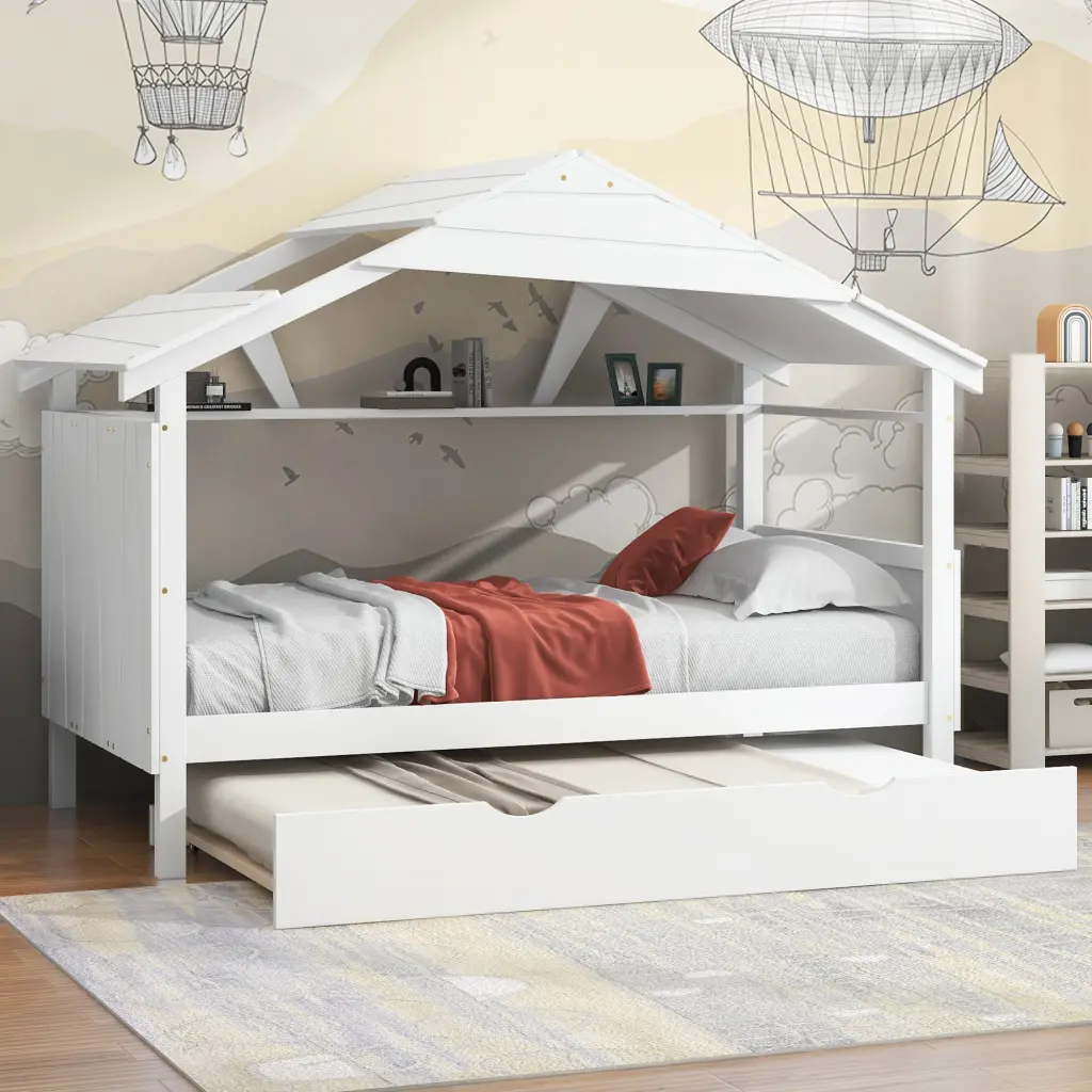 Wood Twin Size Houtilize Bed Trundle and Storage White Box Spring wm store
