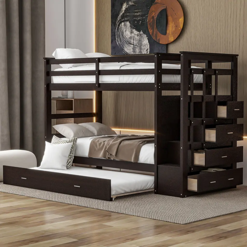 Twin Over Twin Bunk Bed Trundle And Staircase Espresso Finish Space Saving Kids Bed lucky furniture