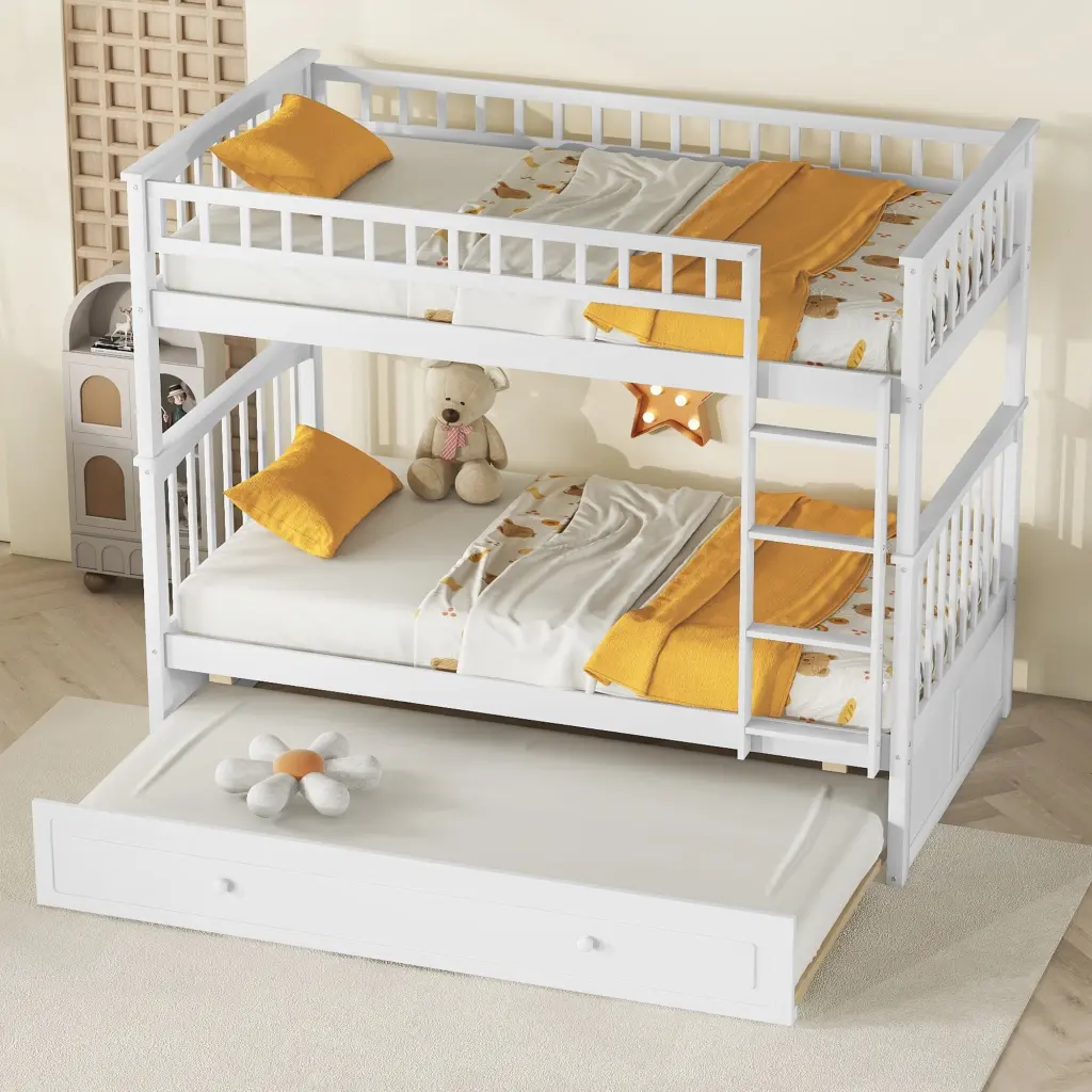 Twin Over Twin Bunk Bed Twin Size Trundle Convertible Beds White Finish wm store